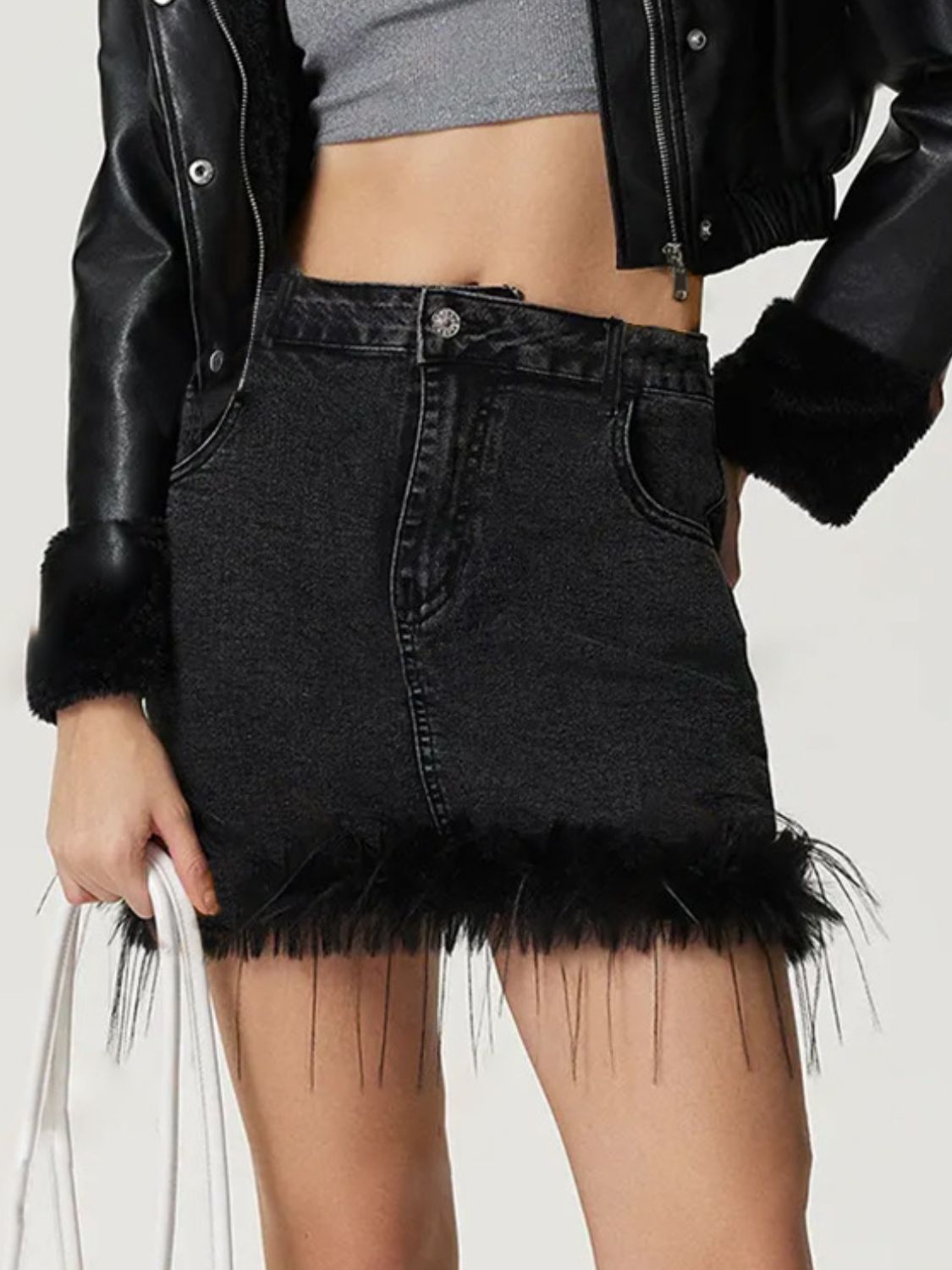 Plush Hem Mini Denim Skirt