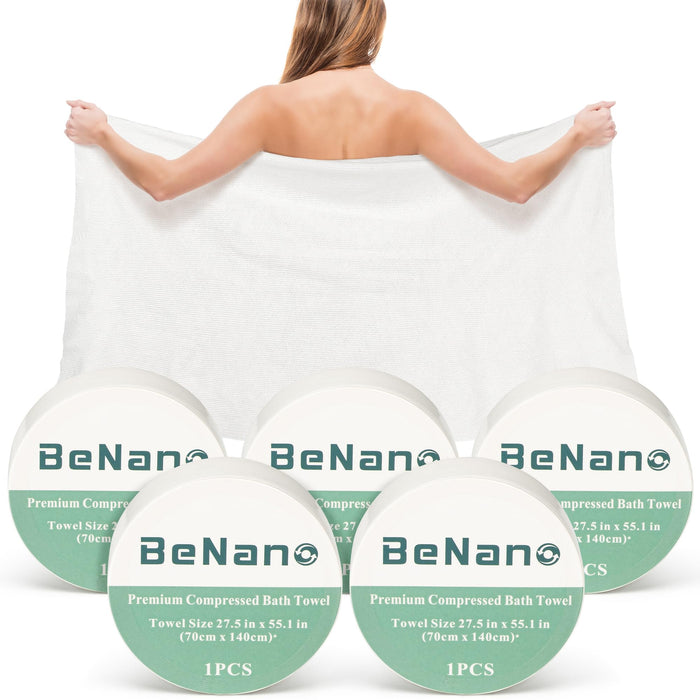 Benano Premium Compressed Towel Tablets Disposable Towel 55.1 in x 27.5 in Large Bath Towel Travel Towel Reusable for Hotel Camping Mountaineering Sports Hiking Beach Swimming Vacation (5 Pack)