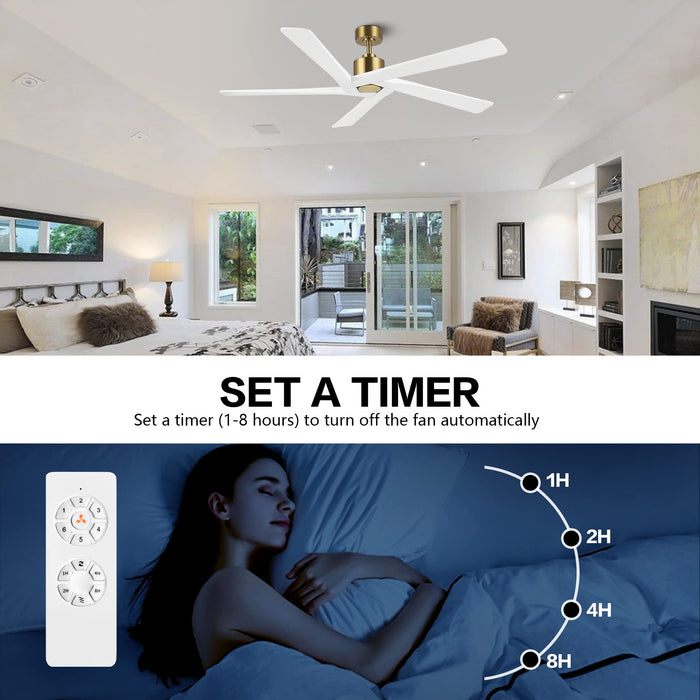 WINGBO 54 Inch DC Ceiling Fan without Lights, 5 Reversible Carved Solid Wood Blades, 6-Speed Noiseless DC Motor, Ceiling Fan No Light with Remote, Brass Finish with White Blades, ETL Listed