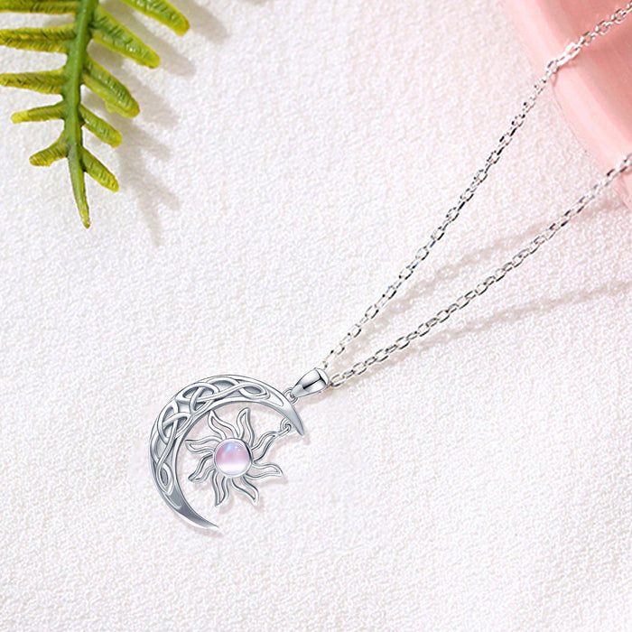 CUOKA MIRACLE Celtic Knot Necklace 925 Sterling Silver Moon Necklace Pink Cat Eye Stone Necklace Crescent Moon and Sun Pendant Jewelry Mother's Day Gift for Women Mom Girlfriend Teen