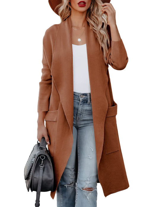 Women's Open Front Knited Loose Cardigan Casual Long Sleeve Draped Knit Pockets Long Jackets Sweater Coffee