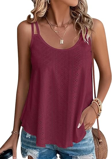 Womens Fashion Tank Tops Eyelet Embroidery Sleeveless Camisole Scoop Neck Cross