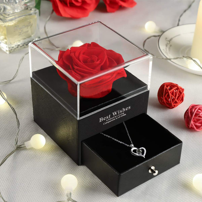 Preserved Red Roses with "I Love You" Necklace - Eternal Love Gift Set