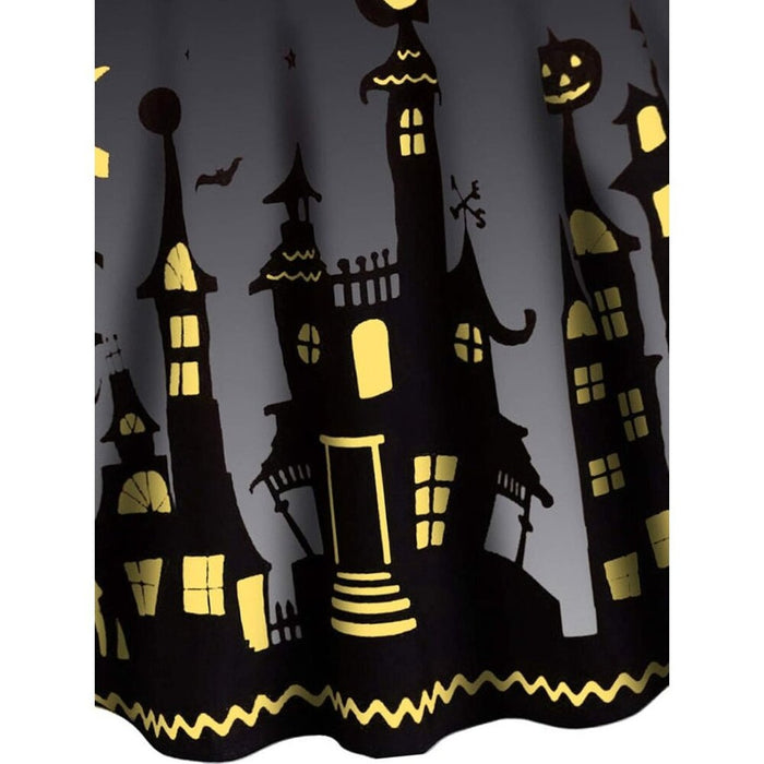 Women Black Halloween Dress Pumpkin Costume Flared Vintage Bat Print Line Dress