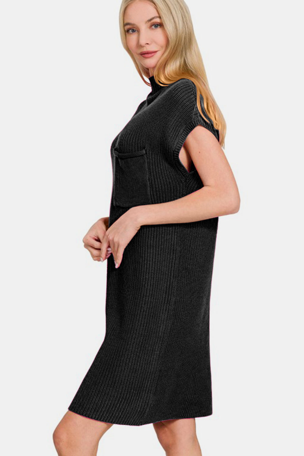 Women's Casual Mock Neck Short Sleeve Sweater Dress with Front Pocket