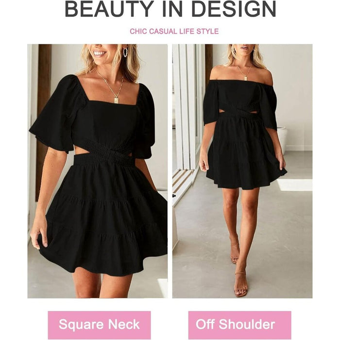 Women Black Summer Dresses Square Neck Casual Short Sleeves Crossover Mini Dress