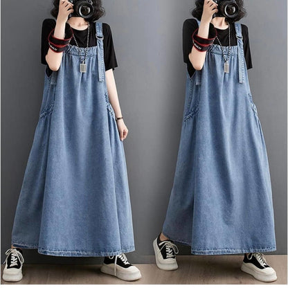 Boho Women Pinafore Dress Sleeveless  Blue Long Dress Size  M