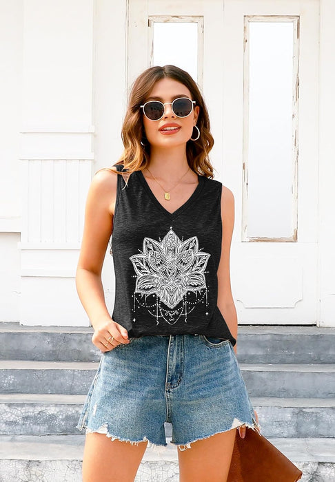 Women Summer Tops Loose Fit Cute V Neck Workout Sleeveless Floral Blouse