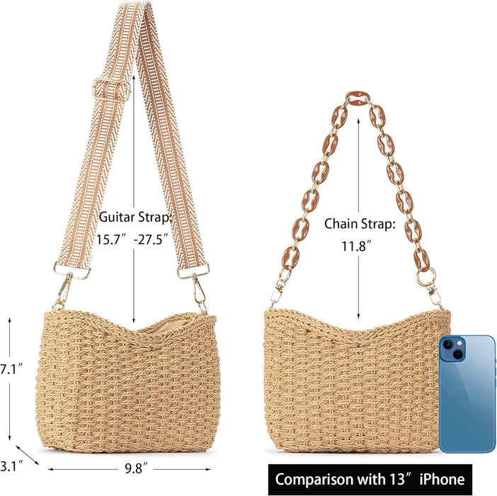 Small Handmade Straw Pocketbook Crossbody Bag for Women, Summer Bag with Chain