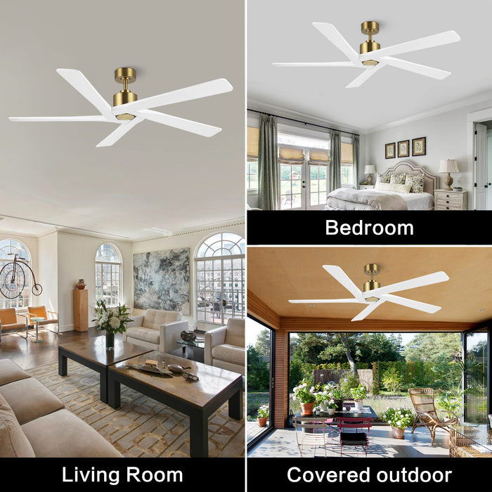 WINGBO 54 Inch DC Ceiling Fan without Lights, 5 Reversible Carved Solid Wood Blades, 6-Speed Noiseless DC Motor, Ceiling Fan No Light with Remote, Brass Finish with White Blades, ETL Listed