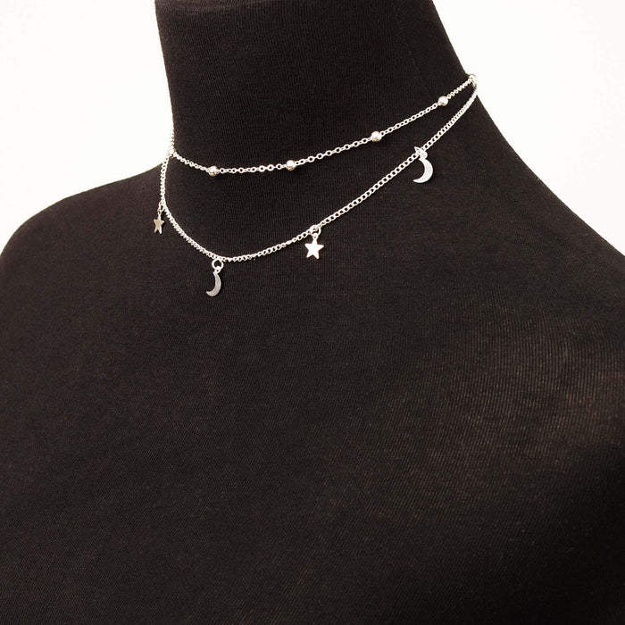 BaubleStar Fashion Layering Star Moon Charm Pendant Tassel Necklace Silver Chain Choker Collar Multi Layered Statement Jewelry Women