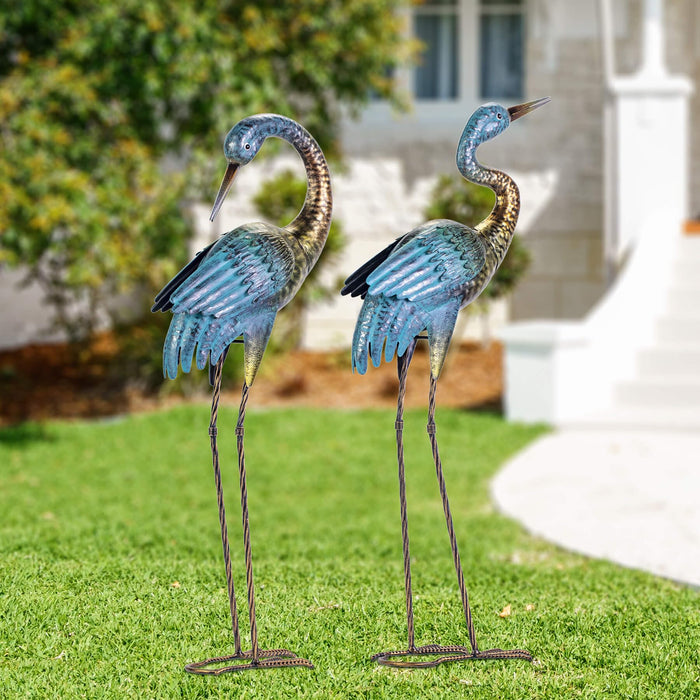 Natelf Garden Crane Statues Outdoor, Standing Blue Heron Decoy Sculptures, Metal Bird Yard Art for Lawn Patio Backyard Decoration(Set of 2)