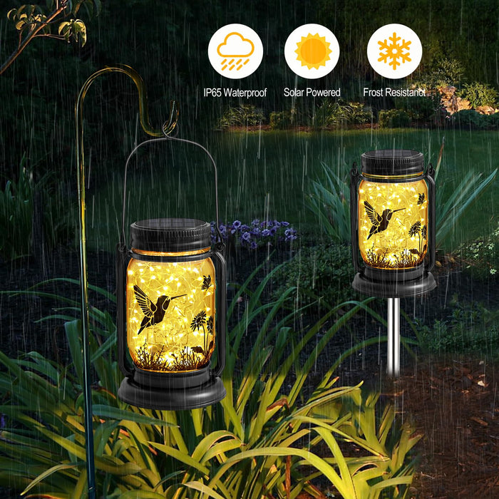 2 Pack Outdoor Hanging Solar Lanterns, Hummingbird Theme Vintage Glass Mason Jar Solar Fairy Lights, Gifts for Mom, Grandma, Women, Waterproof Garden Lights for Patio Yard Lawn Tree Party Decor
