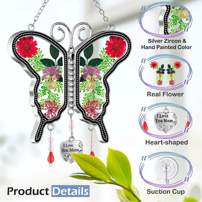 KY&BOSAM Gifts for Mom Butterfly Suncatchers Love You Mom Suncatcher Stain Glass Hanging for Windows Crystal & Metal Maker for Garden Christmas Tree Party Patio Backyard Home Decoration