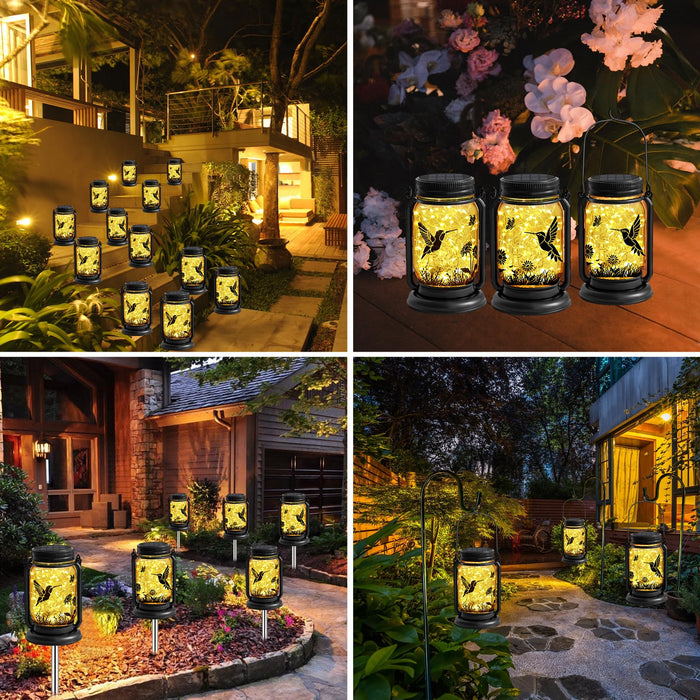 2 Pack Outdoor Hanging Solar Lanterns, Hummingbird Theme Vintage Glass Mason Jar Solar Fairy Lights, Gifts for Mom, Grandma, Women, Waterproof Garden Lights for Patio Yard Lawn Tree Party Decor