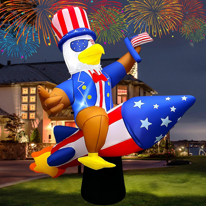 6 Ft 4th of July Inflatables Outdoor, Eagle on Rocket LED Light Blow Up