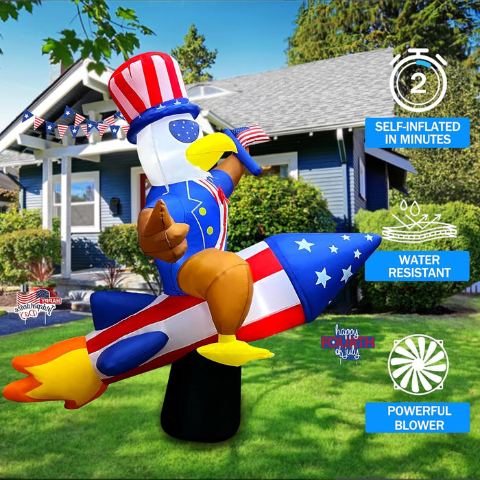 6 Ft 4th of July Inflatables Outdoor, Eagle on Rocket LED Light Blow Up
