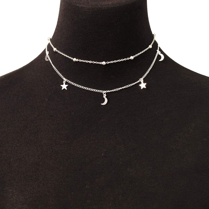 BaubleStar Fashion Layering Star Moon Charm Pendant Tassel Necklace Silver Chain Choker Collar Multi Layered Statement Jewelry Women