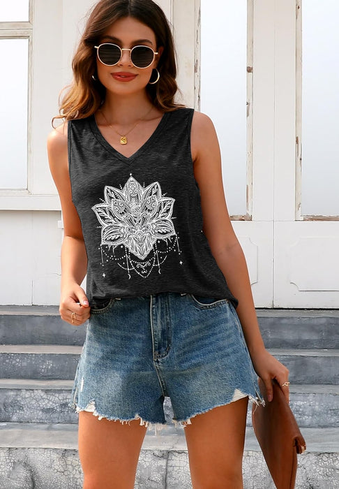 Women Summer Tops Loose Fit Cute V Neck Workout Sleeveless Floral Blouse