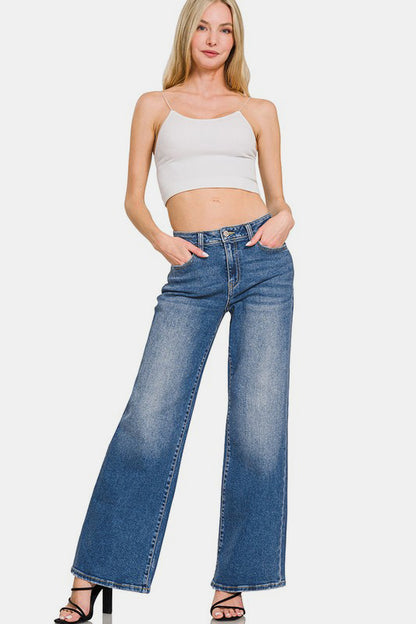 "High Rise Wide Leg Jeans with Pockets - Flattering & Trendy for Women"