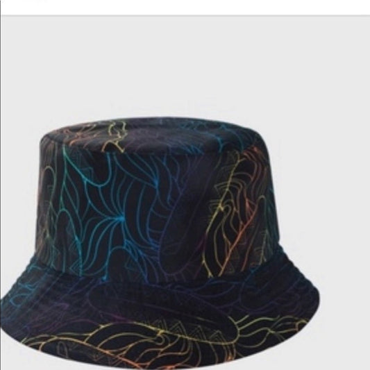 NEW! Bucket Hats Black and Rainbow Print Womens Summer Sun Hats