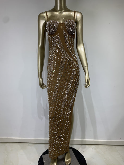 Water Diamond Nail Beads Sexy Low cut High Split Strap Dress Light Luxury Party Evening Dress