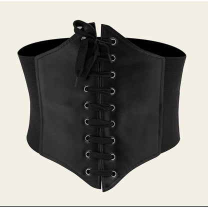 Women’s PU Leather Corset Belt – Lace-up Wide Waist Belt in Black for Her