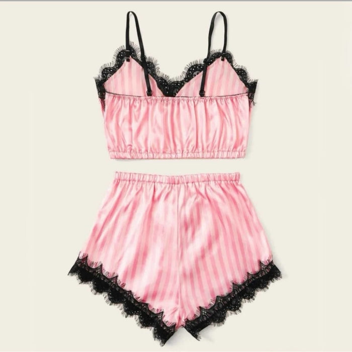 "Chic Noir Elegance: Black Lace & Pink Silk Lingerie Pajama Shorts Set - XL
