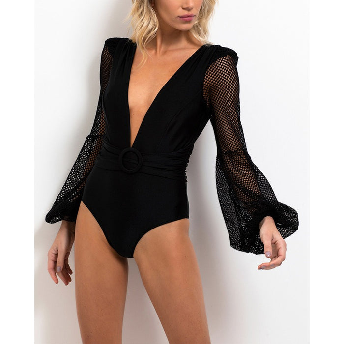 Swimming suit one piece swimsuit women's long sleeved high waisted backless deep V