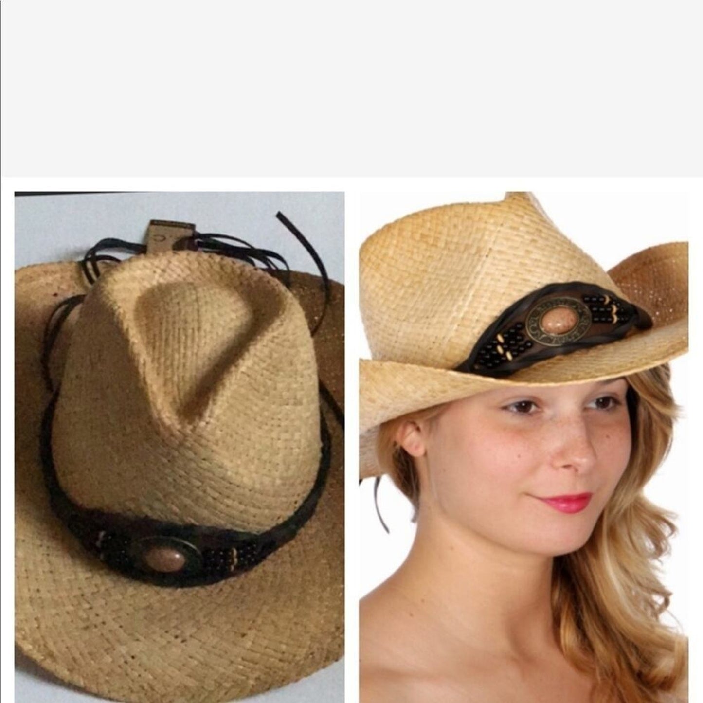 Cowboy Women’s Stone Band Raffia Hat ⭐️⭐️⭐️⭐️⭐️NEW Summer Sun Hats