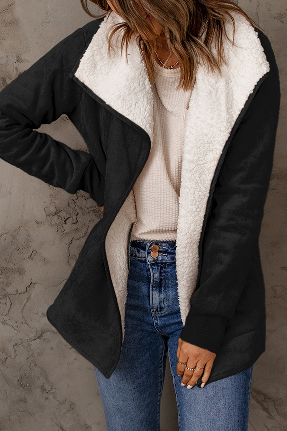 Open Front Long Sleeve Sherpa Jacket