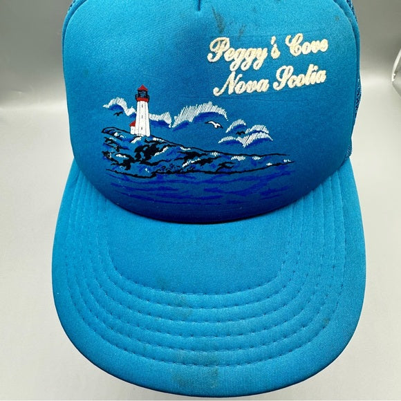 AJM Headwear Vintage Peggy’s Cove Nova Scotia Trucker Hat – Blue Snapback from PanacheProse