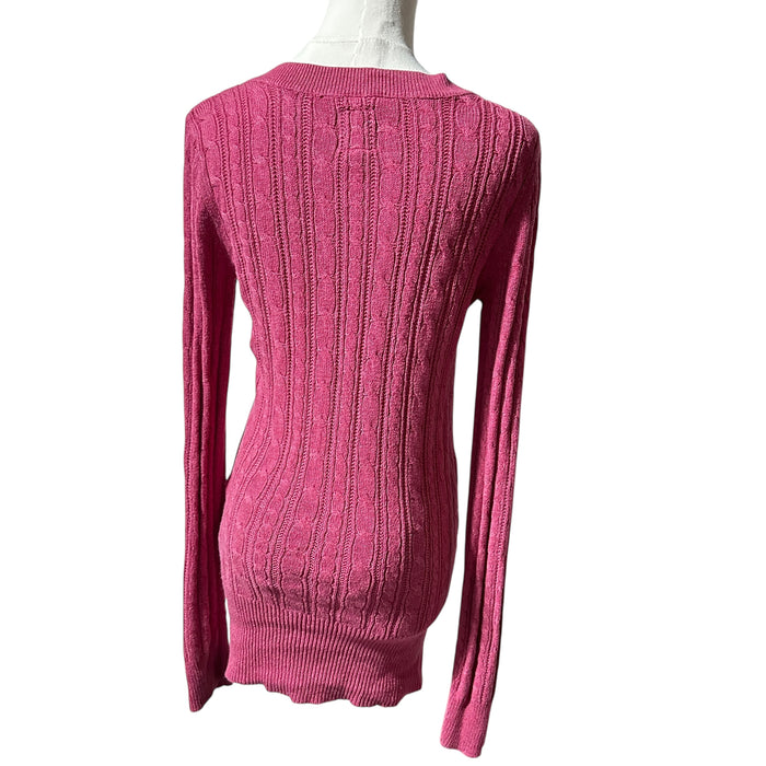 American Eagle pink cable knit V-neck sweater for women, soft textured knit long-sleeve top from Panacheprose
