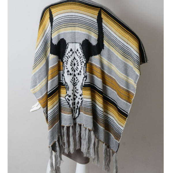 Boho Bull Skull Serape Stripe Poncho Grey Muiticolor - From PanacheProse