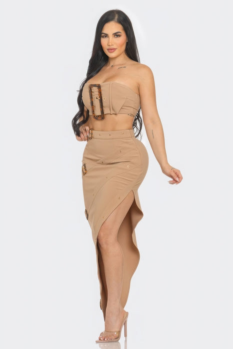 PanacheProse Front Eyelet Buckle Belt Top And Skirt Set