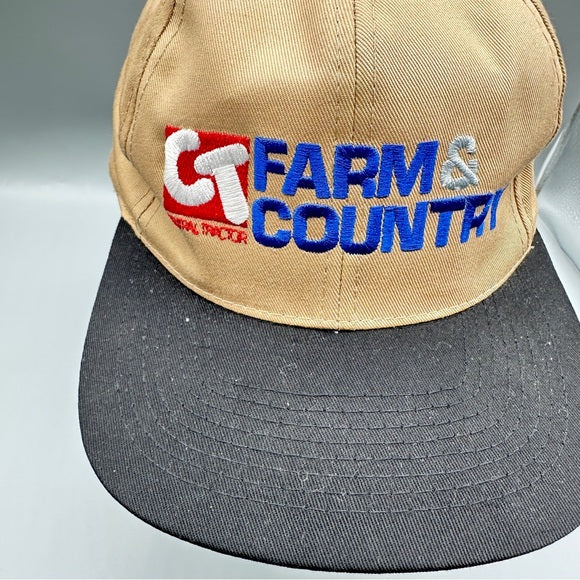 Vintage Central Tractor “Farm & Country” Snapback Hat – Tan Foam Front, Black Mesh Back