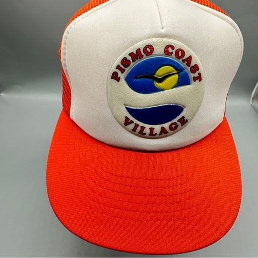 Designer Ward Cap Vintage Pismo Coast Village Trucker Hat – Orange & White Snapback M/L from PanacheProse