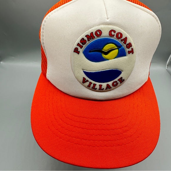 Designer Ward Cap Vintage Pismo Coast Village Trucker Hat – Orange & White Snapback M/L from PanacheProse