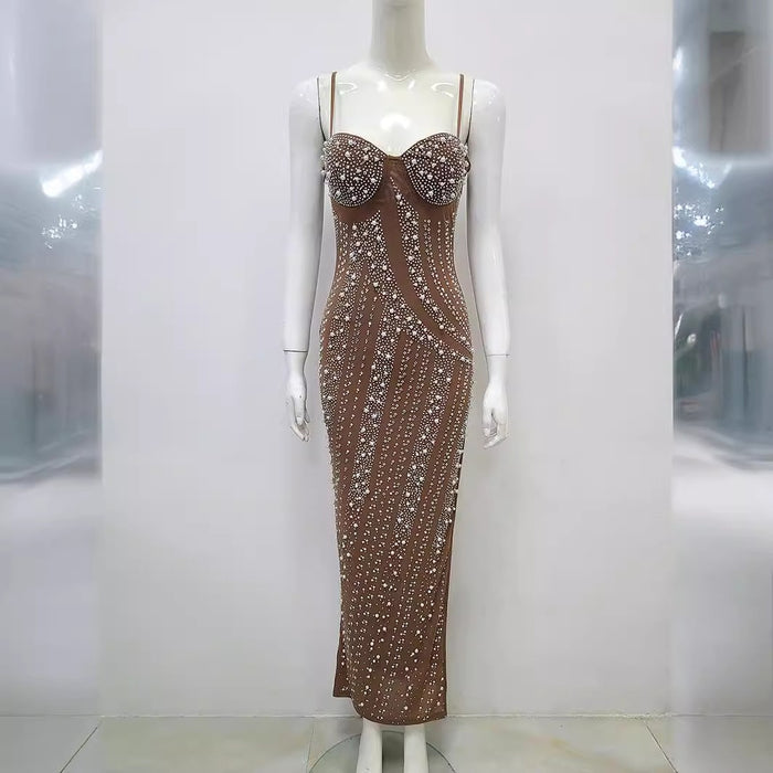 Water Diamond Nail Beads Sexy Low cut High Split Strap Dress Light Luxury Party Evening Dress