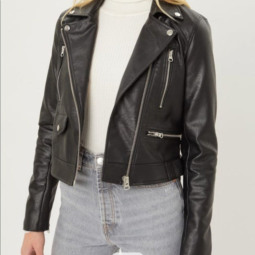 Faux Leather Women’s Color SolidLong Sleeves Zip  Black Jacket - Size S, M, L , from PanacheProse