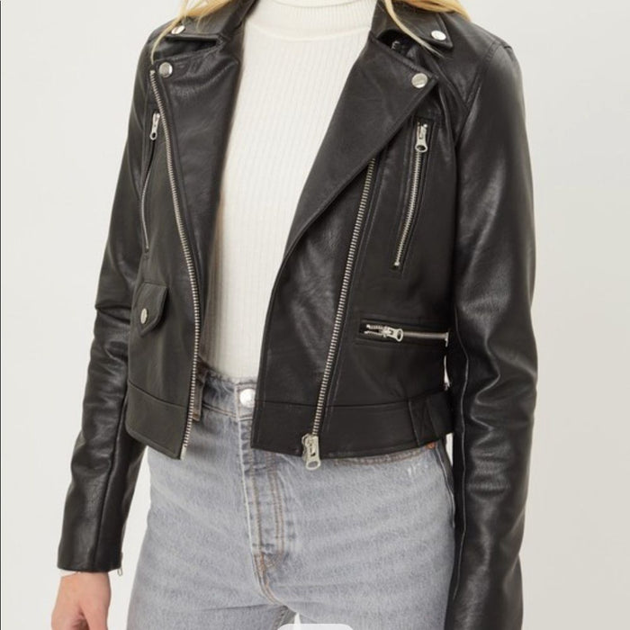 Faux Leather Women’s Color SolidLong Sleeves Zip  Black Jacket - Size S, M, L , from PanacheProse
