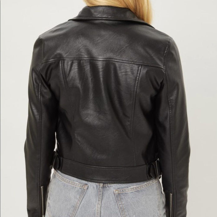 Faux Leather Women’s Color SolidLong Sleeves Zip  Black Jacket - Size S, M, L , from PanacheProse