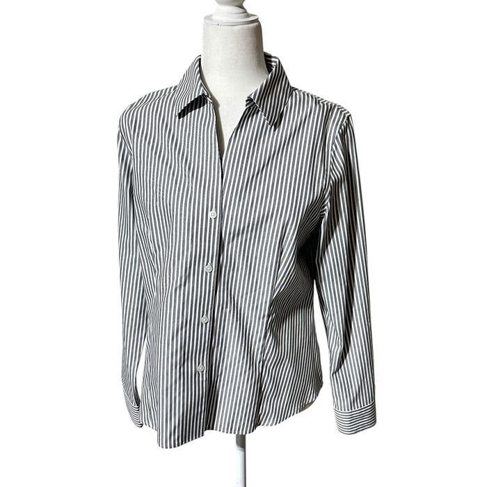 Jones New York Signature Gray & White Striped Button-Down Shirt – Size Women’s M, from PanacheProse