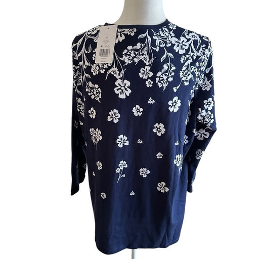 Kim Rogers  Soft Navy Floral Long Sleeve T-Shirt Women’s 100% Cotton - Size XL, from PanacheProse
