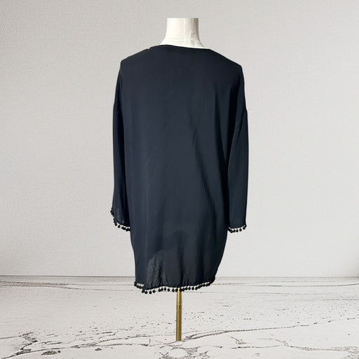Kimono Black Open Front Cardigan with Pom Pom Trim - from PanacheProse