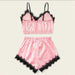 New Chic Noir Elegance: Black Lace & Pink Silk Lingerie Pajama Shorts Set - Size M, from PanacheProse