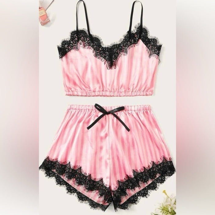 New Chic Noir Elegance: Black Lace & Pink Silk Lingerie Pajama Shorts Set - Size M, from PanacheProse