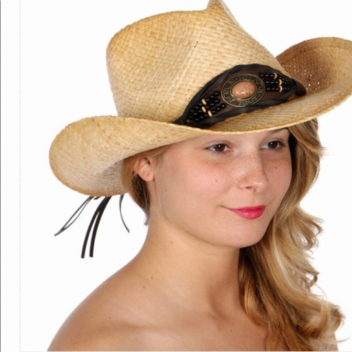 New Cowboy Women’s Stone Band Raffia Hat - Size 22 inches , from PanacheProse