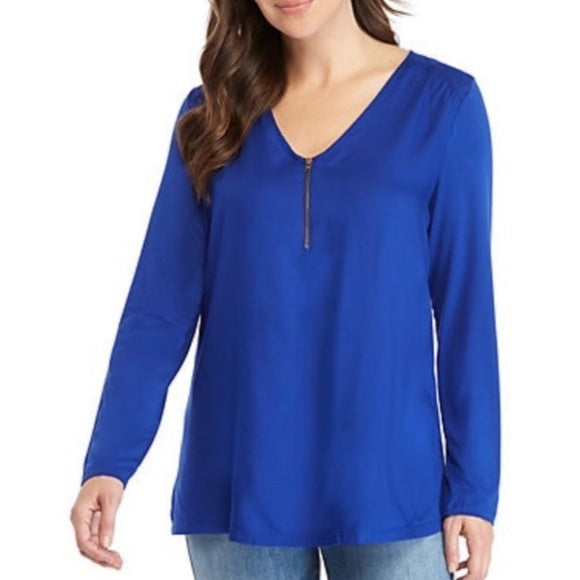 New Directions Women’s 1/4 Zip Woven Top Solid Color Blue Long Sleeve - Size Small, from PanacheProse