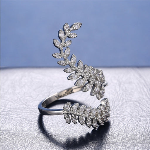 New Elegant Ladies Zircon Ring – Silver Leaves Design in Copper Jewelry -  , from PanacheProse